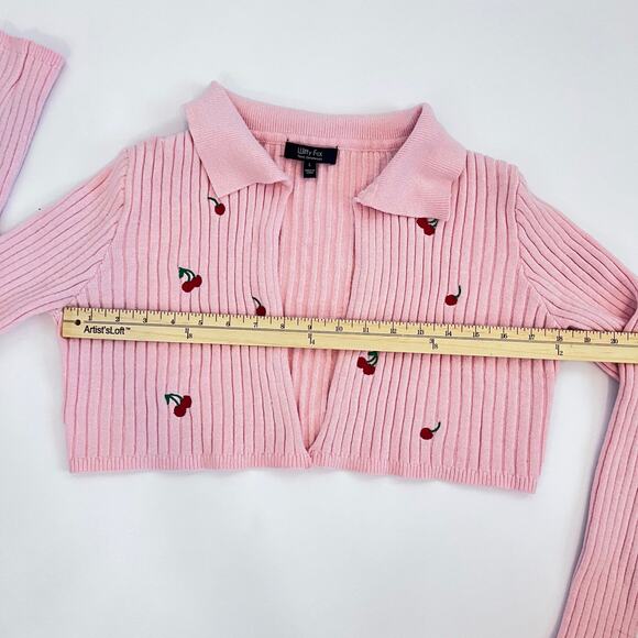 WITTY FOX LONG SLEEVE CROP COLLARED WOMENS GIRLS CARDIGAN SWEATER PINK CHERRIES - Picture 10 of 16